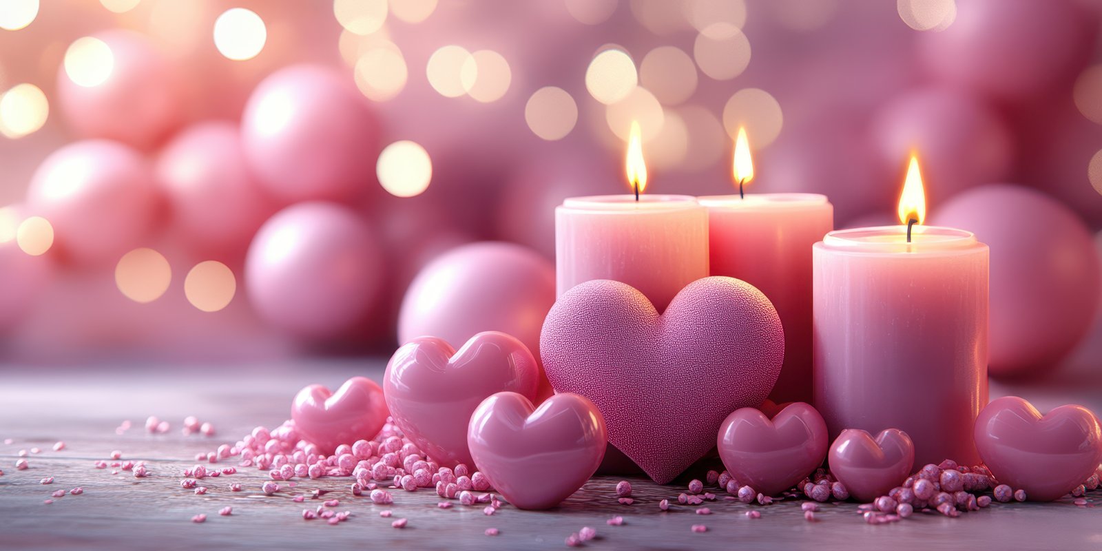 Soft pink candles and decorative hearts create a romantic atmosphere for special occasions in a cozy setting